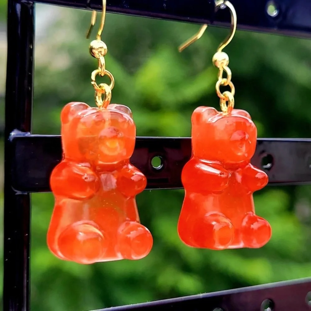 New Handmade Transparent Orange Sterling Silver Resin Gummy Bear Earrings